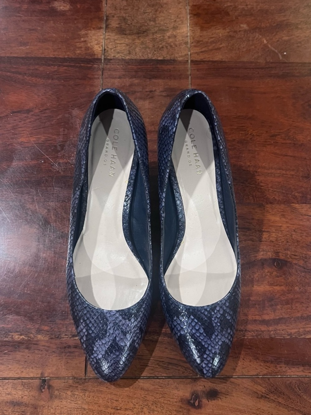 Cole Haan Navy Snake-Print Pointed Toe Flats